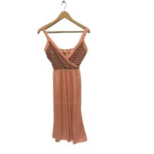 Vintage 1970's Women's Disco Peach With Brown Striped Maxi Dress Size Small
